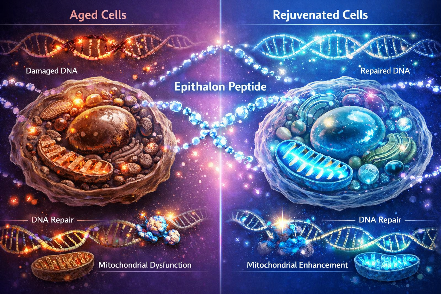 Detailed landscape format (1536x1024) conceptual image showing aging reversal process, split-screen comparison of aged vs rejuvenated cells,