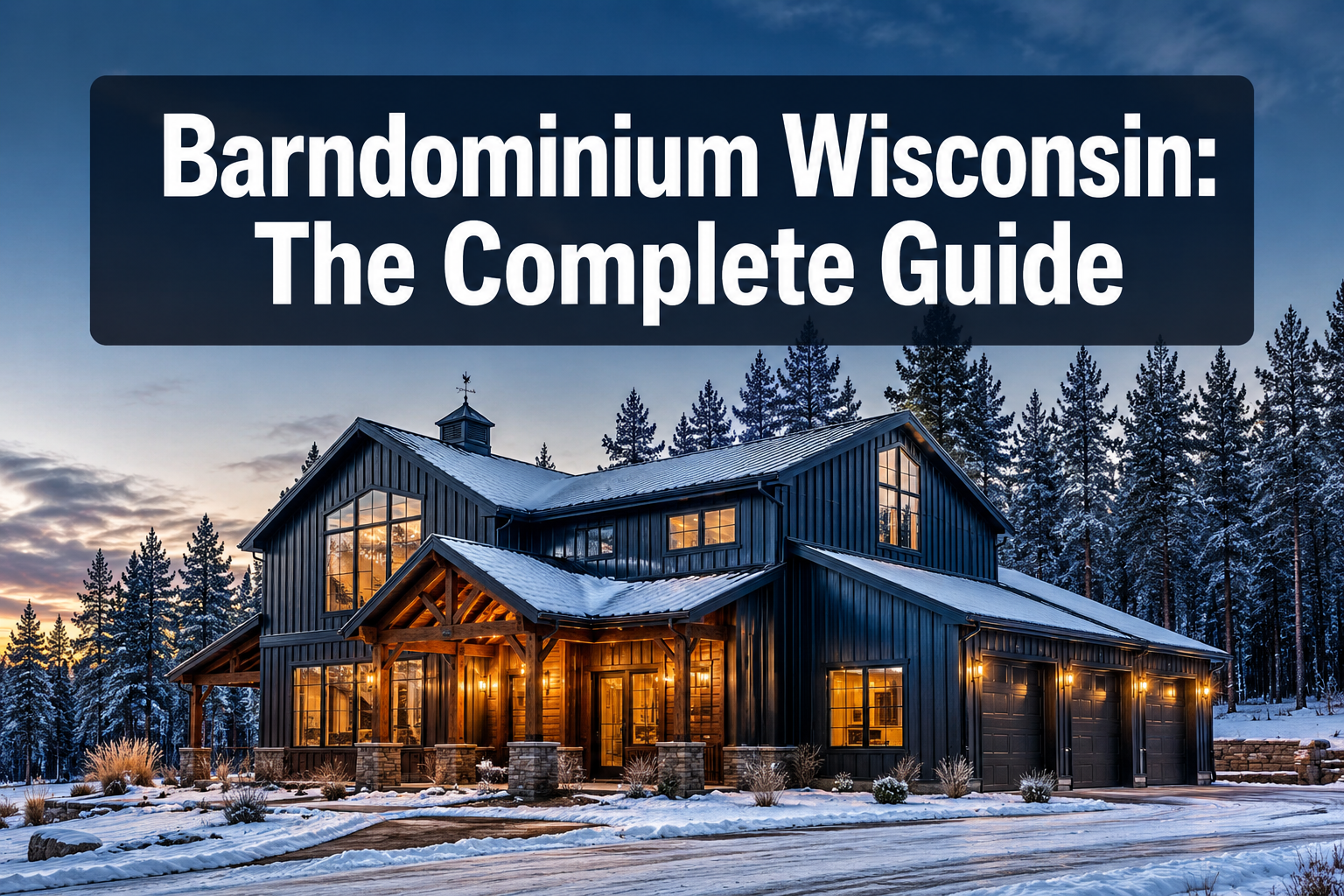 Professional () hero image with : 'Barndominium Wisconsin: The Complete Guide' in extra large white with dark