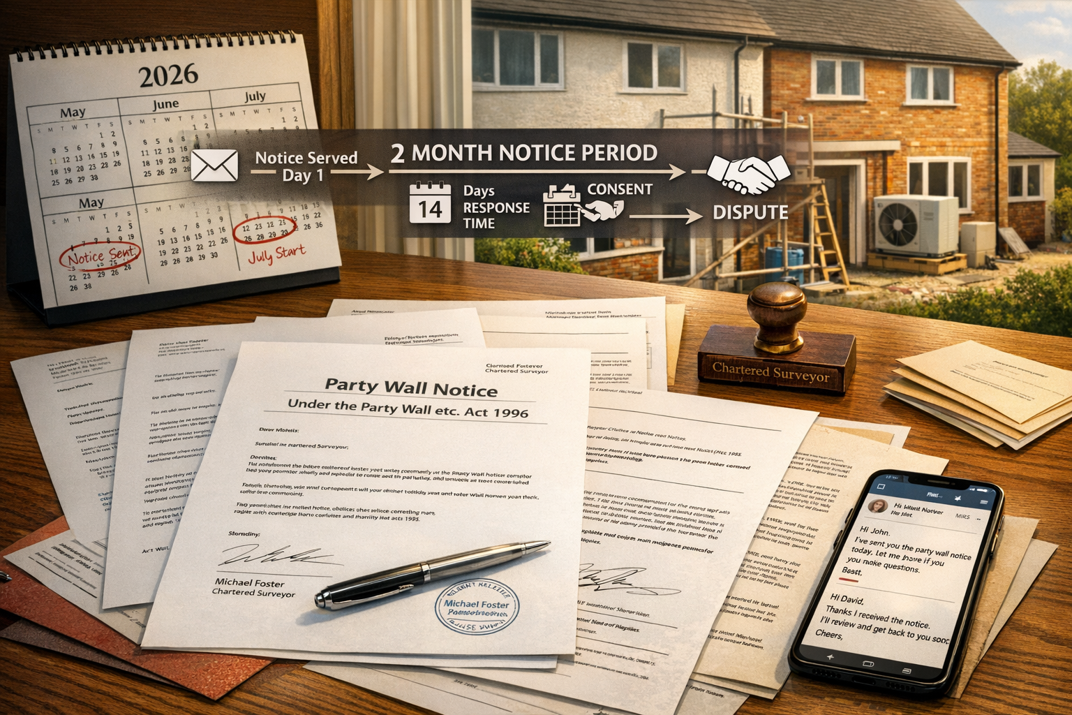 Detailed () image depicting formal party wall notice documentation scene with multiple elements: official Party Wall Act