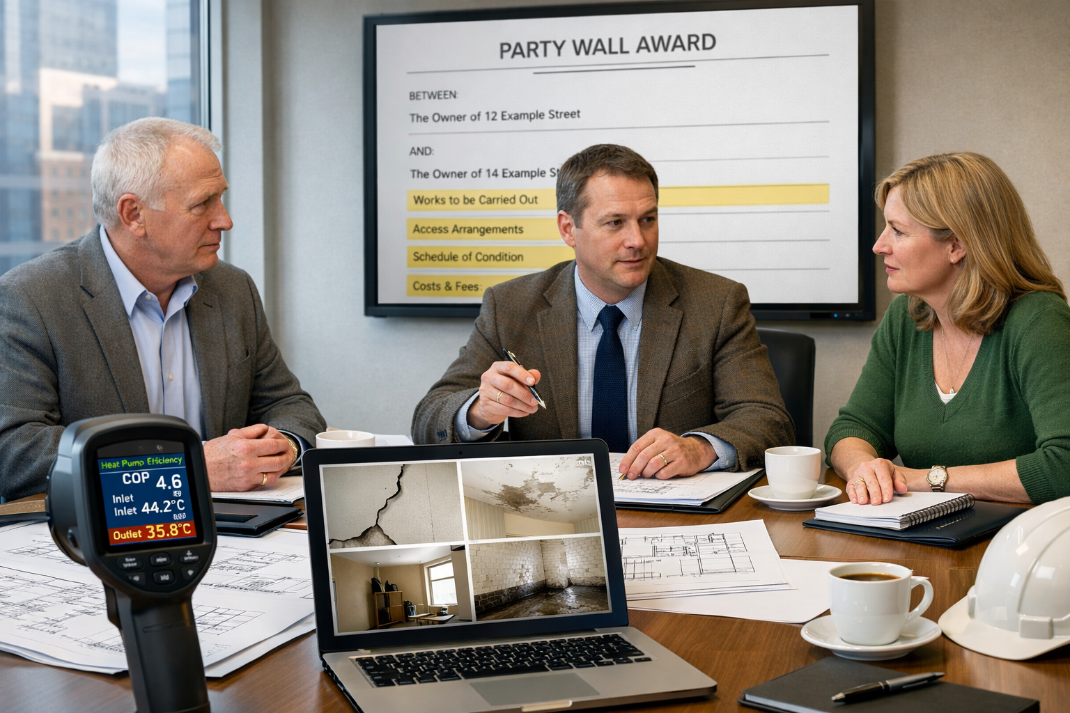 Detailed () image showing dispute resolution meeting scenario in modern office setting: three people seated at conference