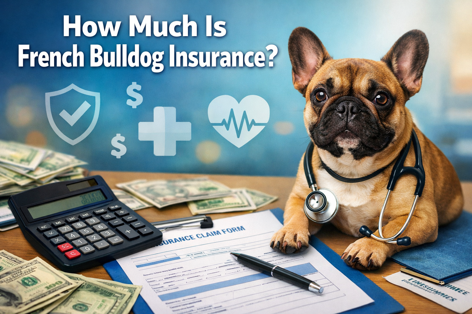 Professional landscape format (1536x1024) hero image featuring bold text overlay 'How Much Is French Bulldog Insurance?' in extra large 72pt
