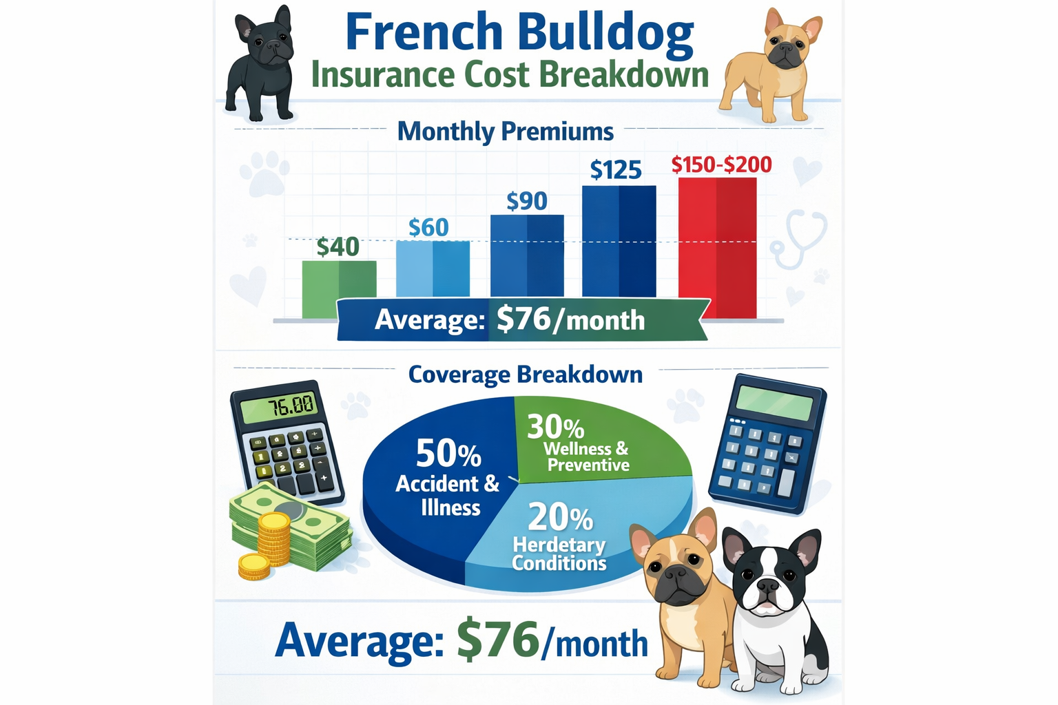 Portrait format (1024x1536) infographic showing French Bulldog insurance cost breakdown with colorful bar charts displaying monthly premiums