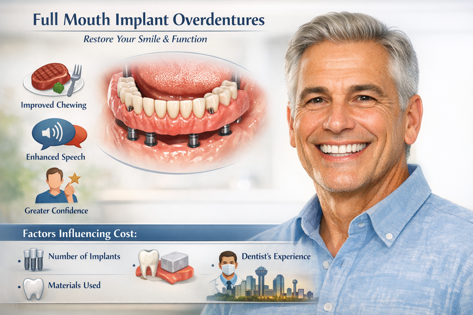 A professional illustration in landscape format (1536x1024) depicting a patient smiling confidently, demonstrating the aesthetic and functio