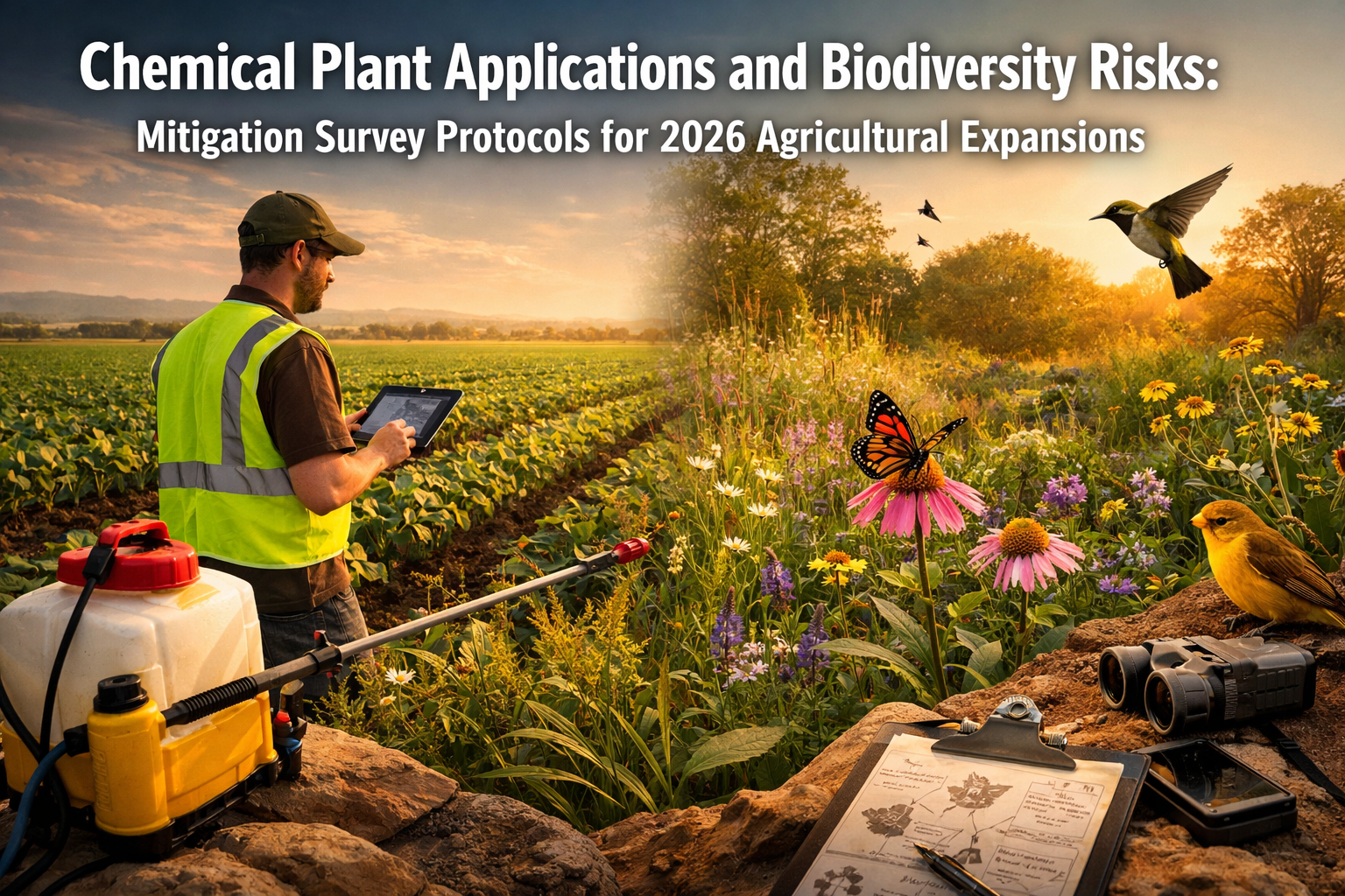 Professional landscape format (1536x1024) hero image featuring bold text overlay 'Chemical Plant Applications and Biodiversity Risks: Mitiga