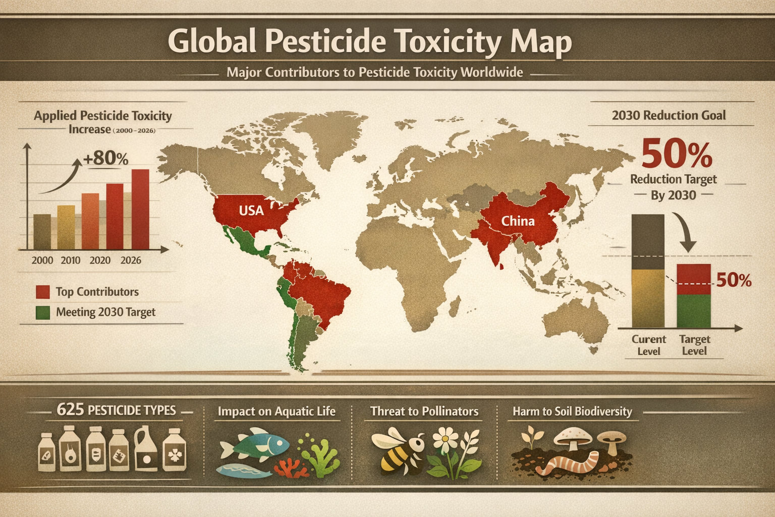 Landscape format (1536x1024) detailed infographic showing global pesticide toxicity map with color-coded regions highlighting Brazil, China,