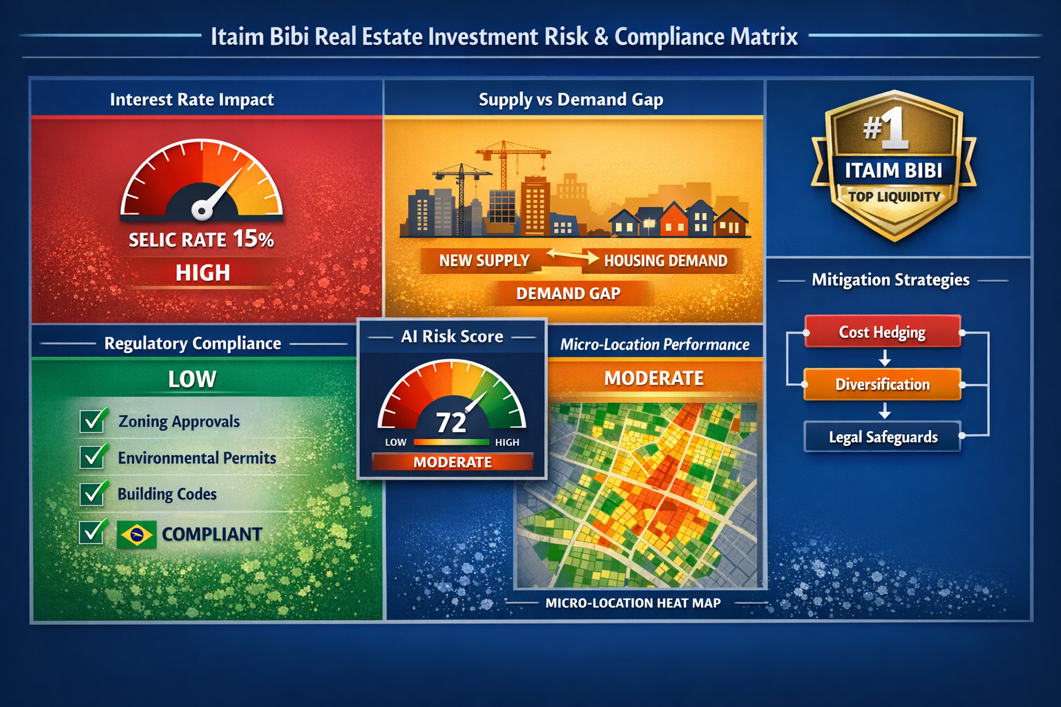 Landscape format (1536x1024) risk assessment matrix and compliance framework visualization for Itaim Bibi real estate investment. Quadrant-s