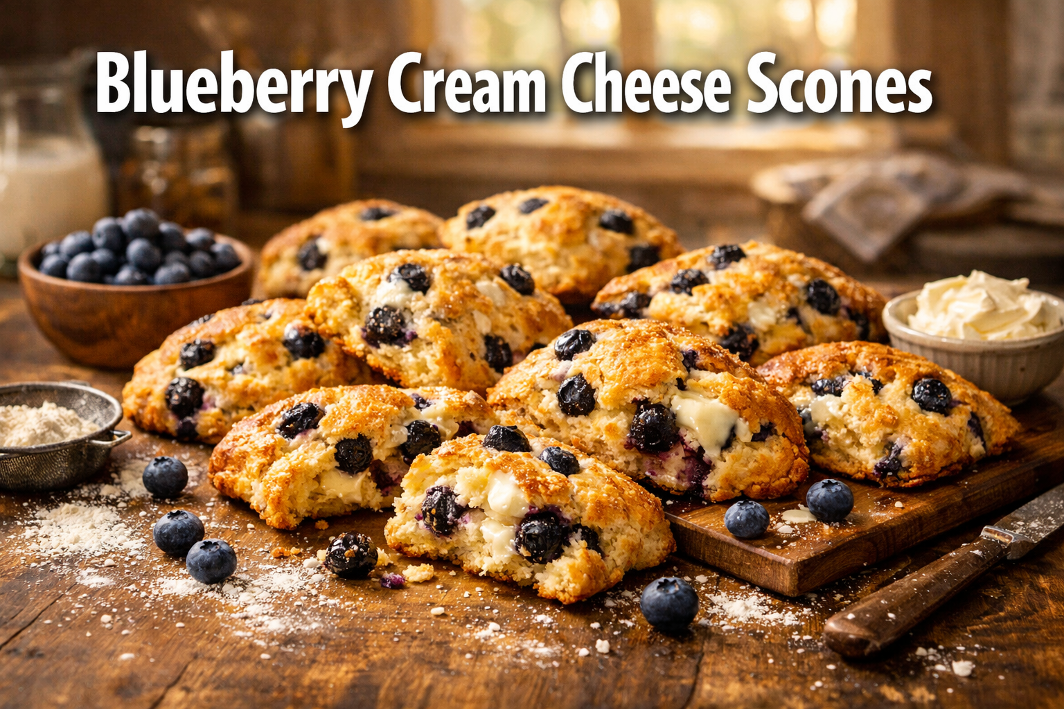 Professional landscape hero image (1536x1024) with bold text overlay 'Blueberry Cream Cheese Scones' in extra large 72pt white sans-serif fo