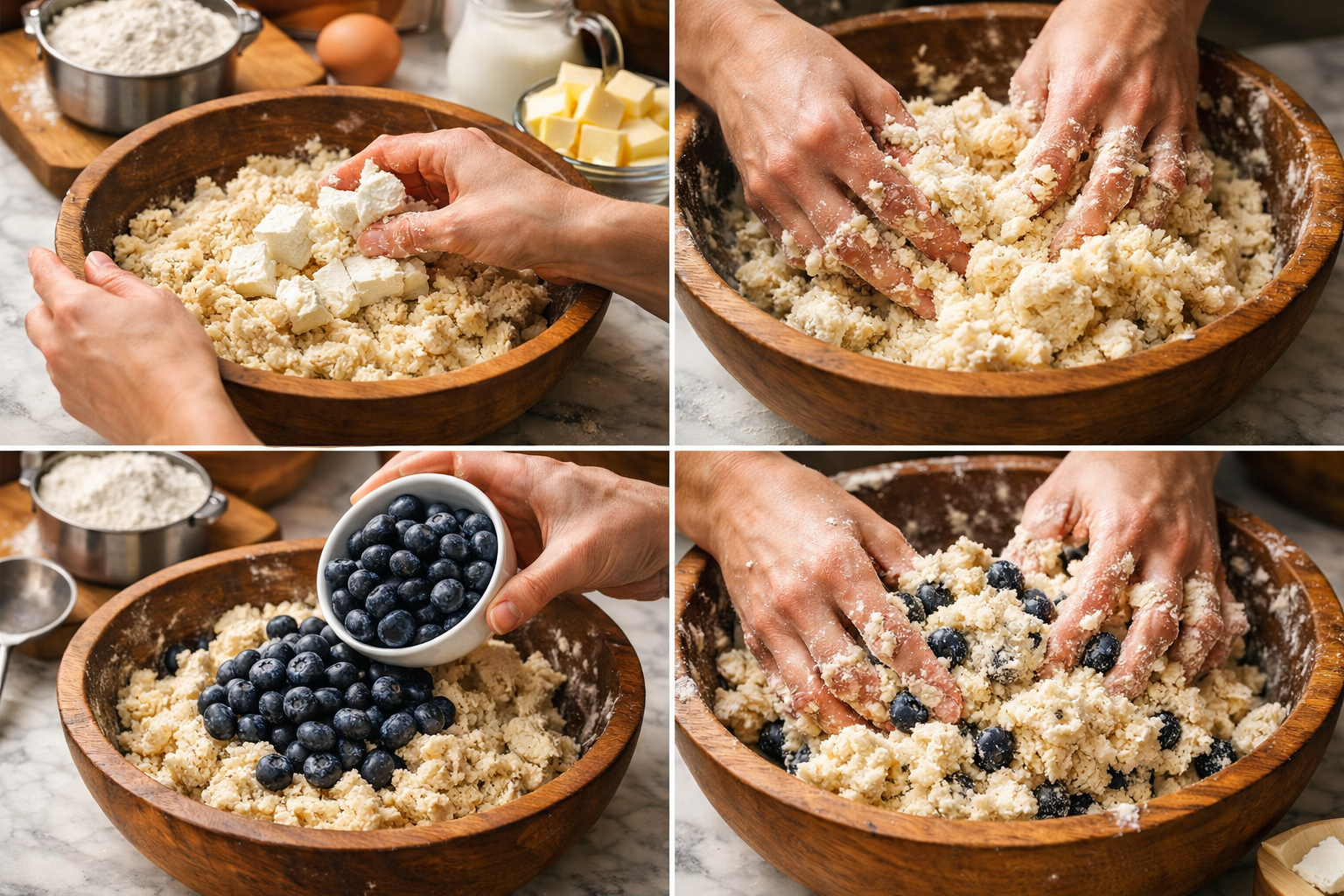 Detailed step-by-step baking process showing hands mixing cream cheese into scone dough, fresh blueberries being folded in, measuring cups w