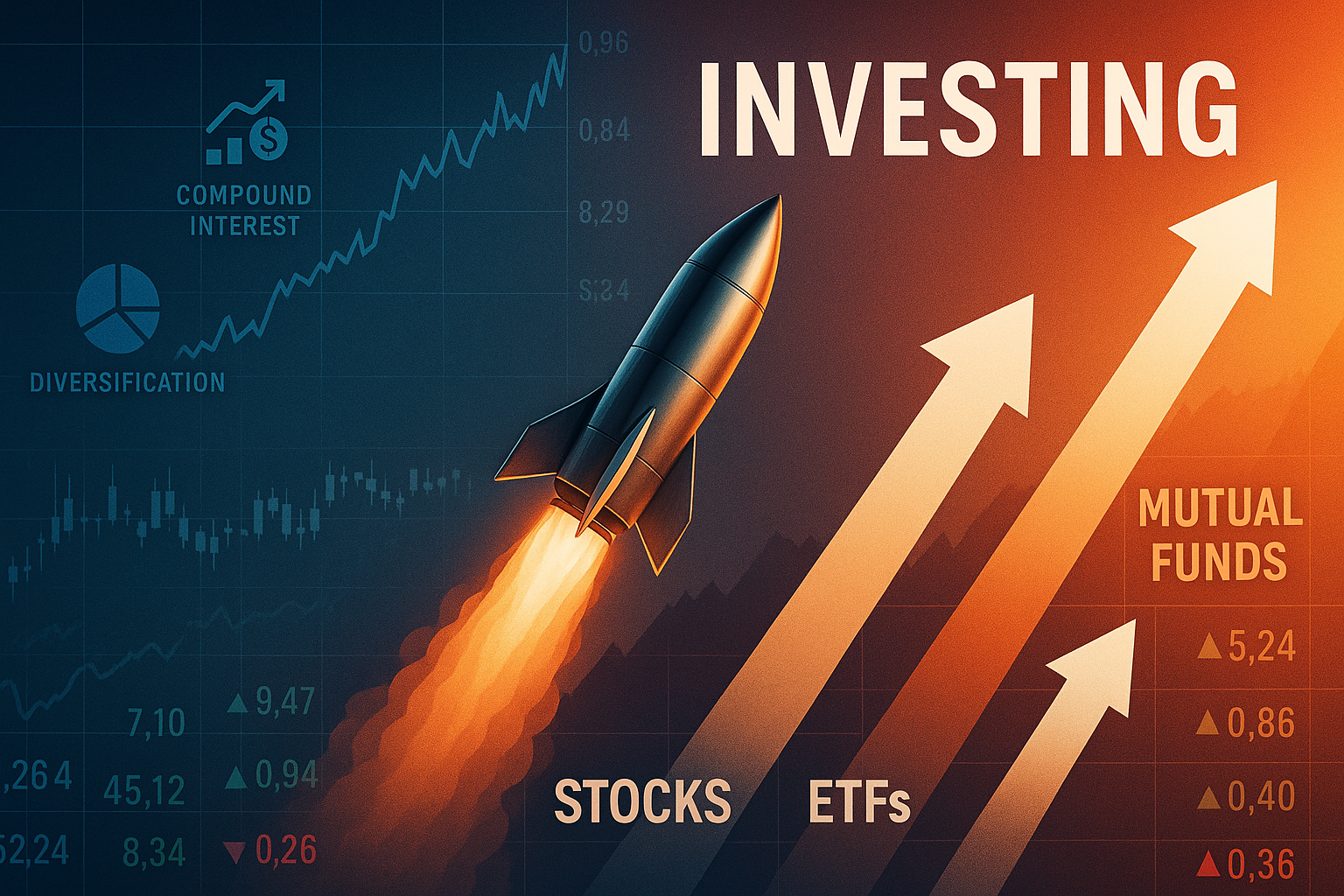 Photorealistic visualization of investing as a powerful rocket/engine symbolizing wealth accumulation, with financial charts and stock marke