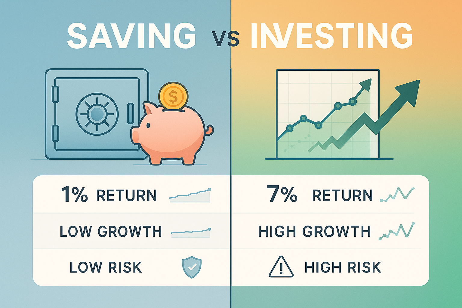 Comparative infographic split vertically, clearly demonstrating core differences between saving and investing. Left side depicts traditional