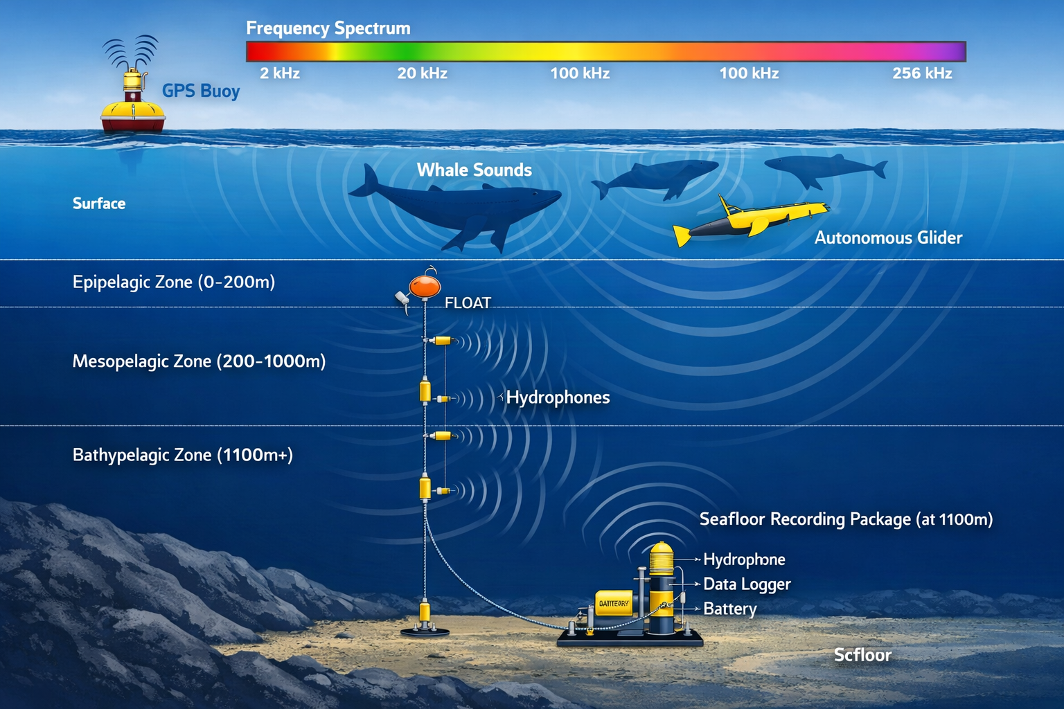 () detailed illustration showing cross-section view of ocean layers with multiple passive acoustic monitoring devices at