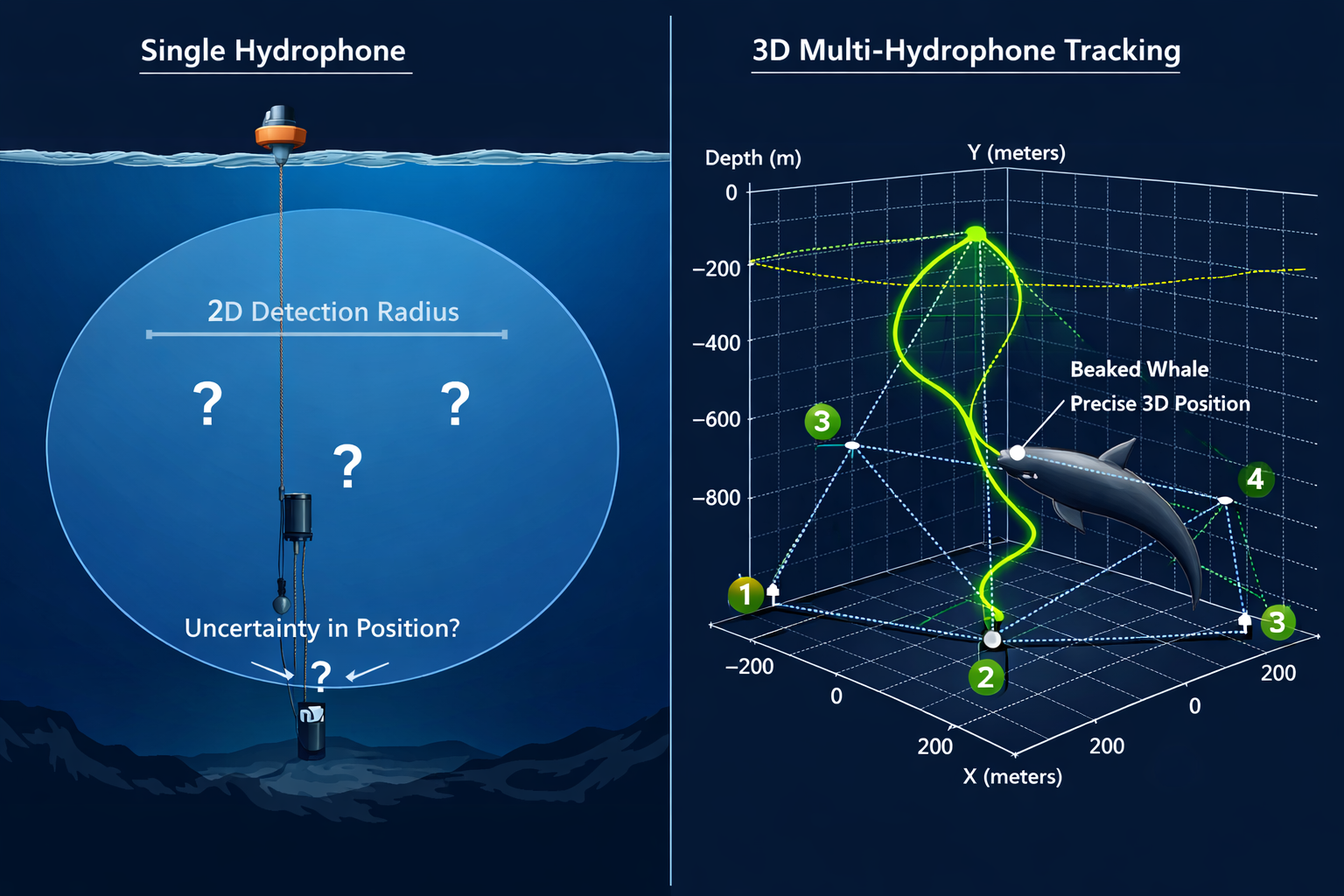 () split-screen comparison image showing left side: traditional single hydrophone setup with 2D detection radius circle and