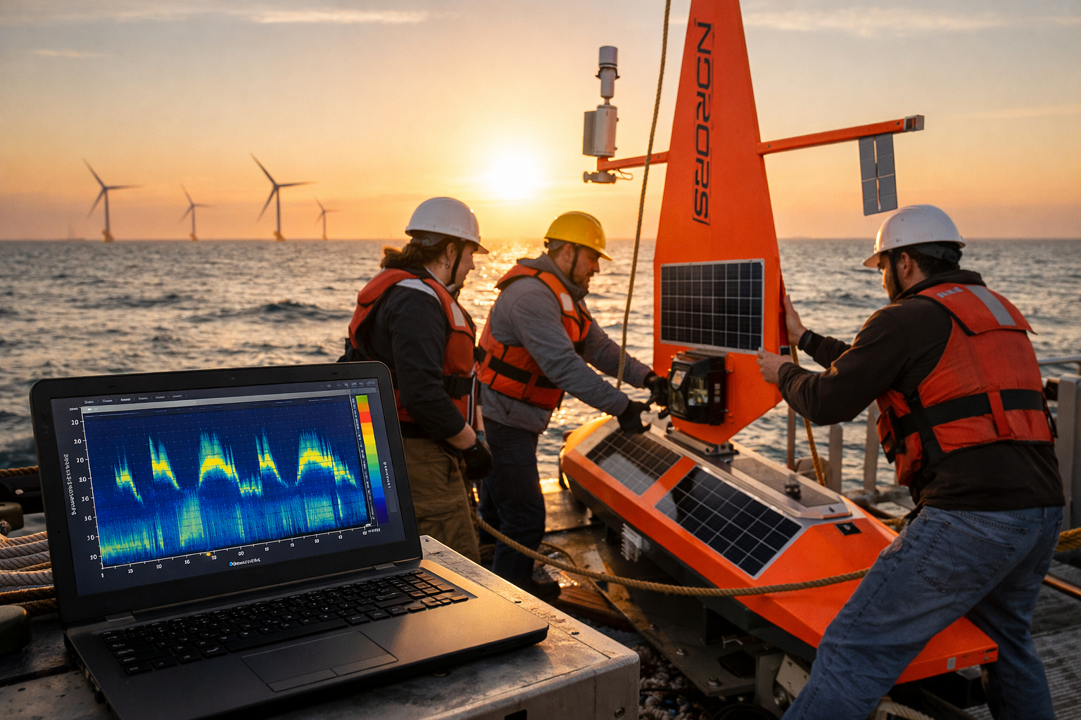 () wide-angle photograph of marine research vessel deck at golden hour with scientists deploying saildrone autonomous vessel