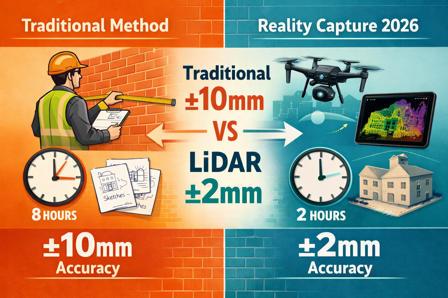 () detailed comparison infographic showing traditional party wall survey methods versus modern reality capture technologies.