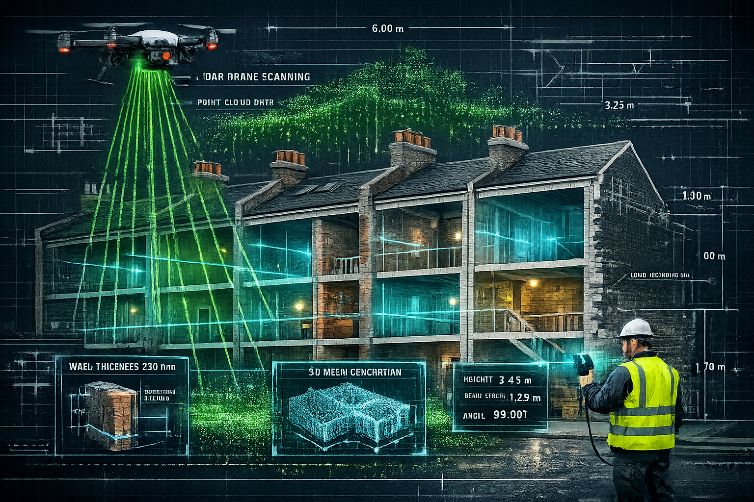 () technical cutaway illustration of urban London terraced houses showing LiDAR scanning process in action. Transparent