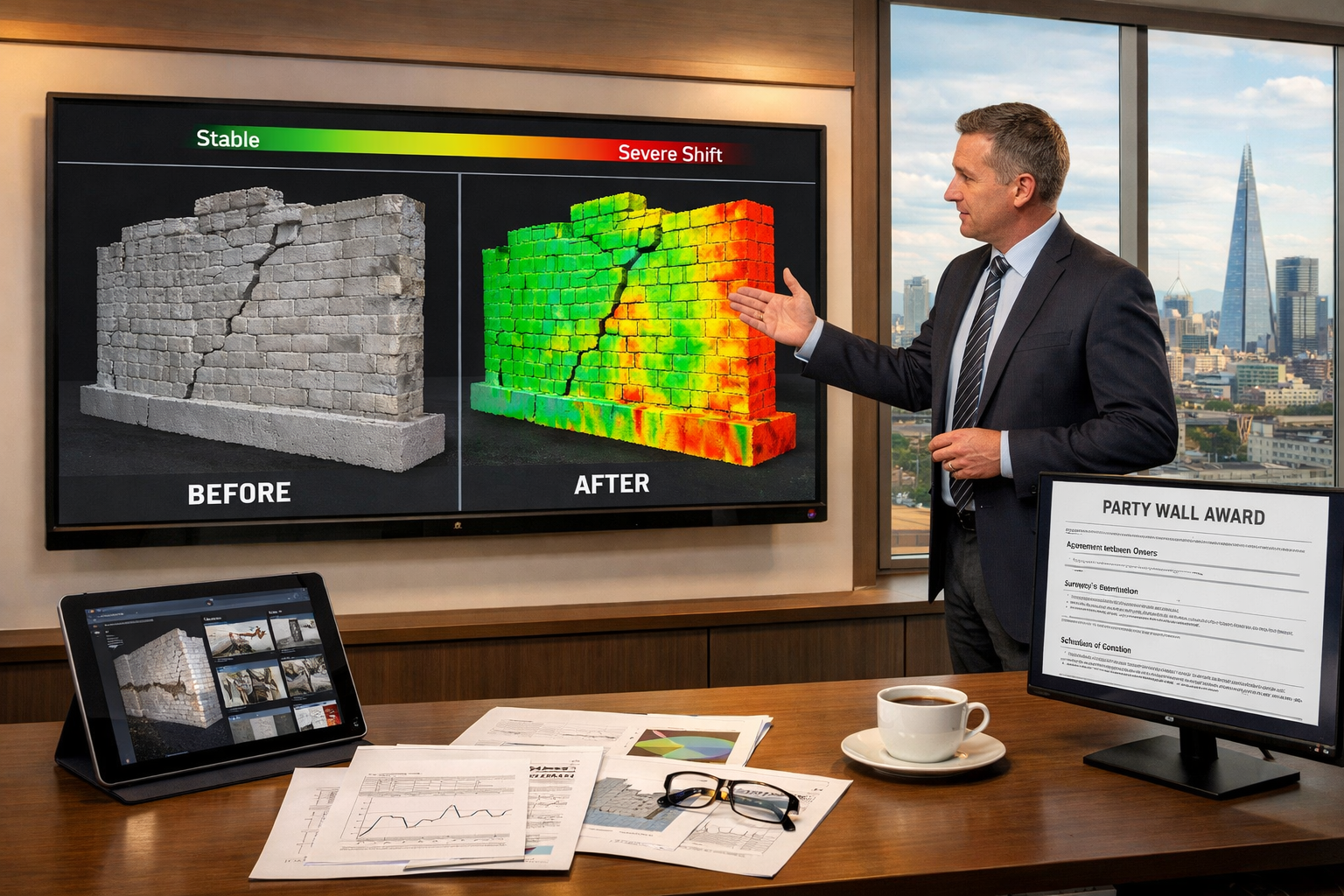 () modern office scene showing party wall dispute resolution using reality capture evidence. Large 4K monitor displays