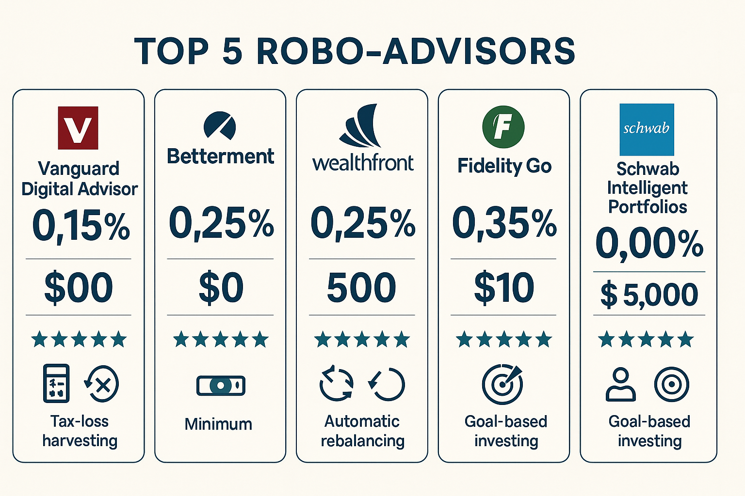 Detailed comparison infographic showing top 5 robo-advisors (Vanguard Digital Advisor, Betterment, Wealthfront, Fidelity Go, Schwab Intellig