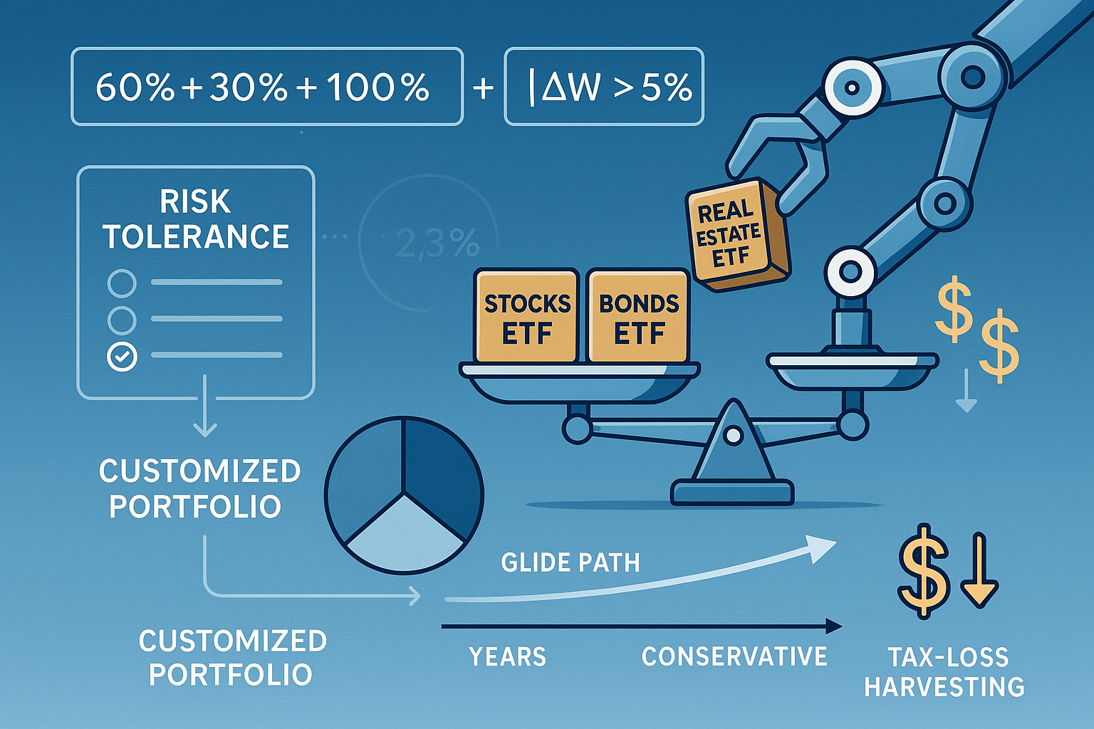 Conceptual illustration showing automated portfolio management workflow: robotic arm arranging diversified ETF blocks (stocks, bonds, real e