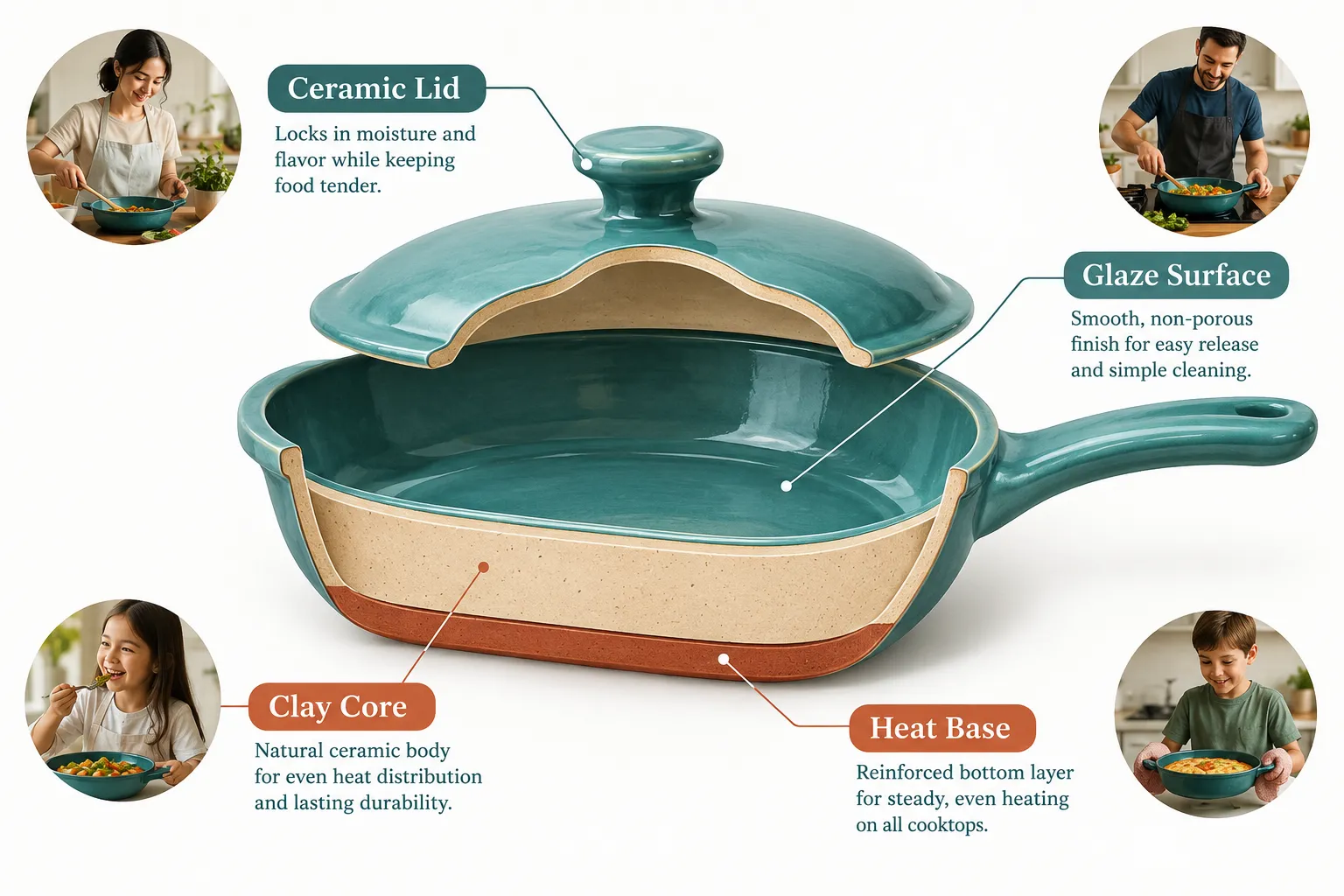 Labelled cutaway diagram of a ceramic skillet showing its layered construction, clean white studio background, callout lines pointing to labels reading Clay Core, Glaze Surface, Ceramic Lid, and Heat Base, flat educational infographic style, soft teal and terracotta color palette, editorial cookware guide polish, no pricing or checkmarks anywhere in the image. Is 100 Ceramic Cookware Non Stick? Understanding the Core Question