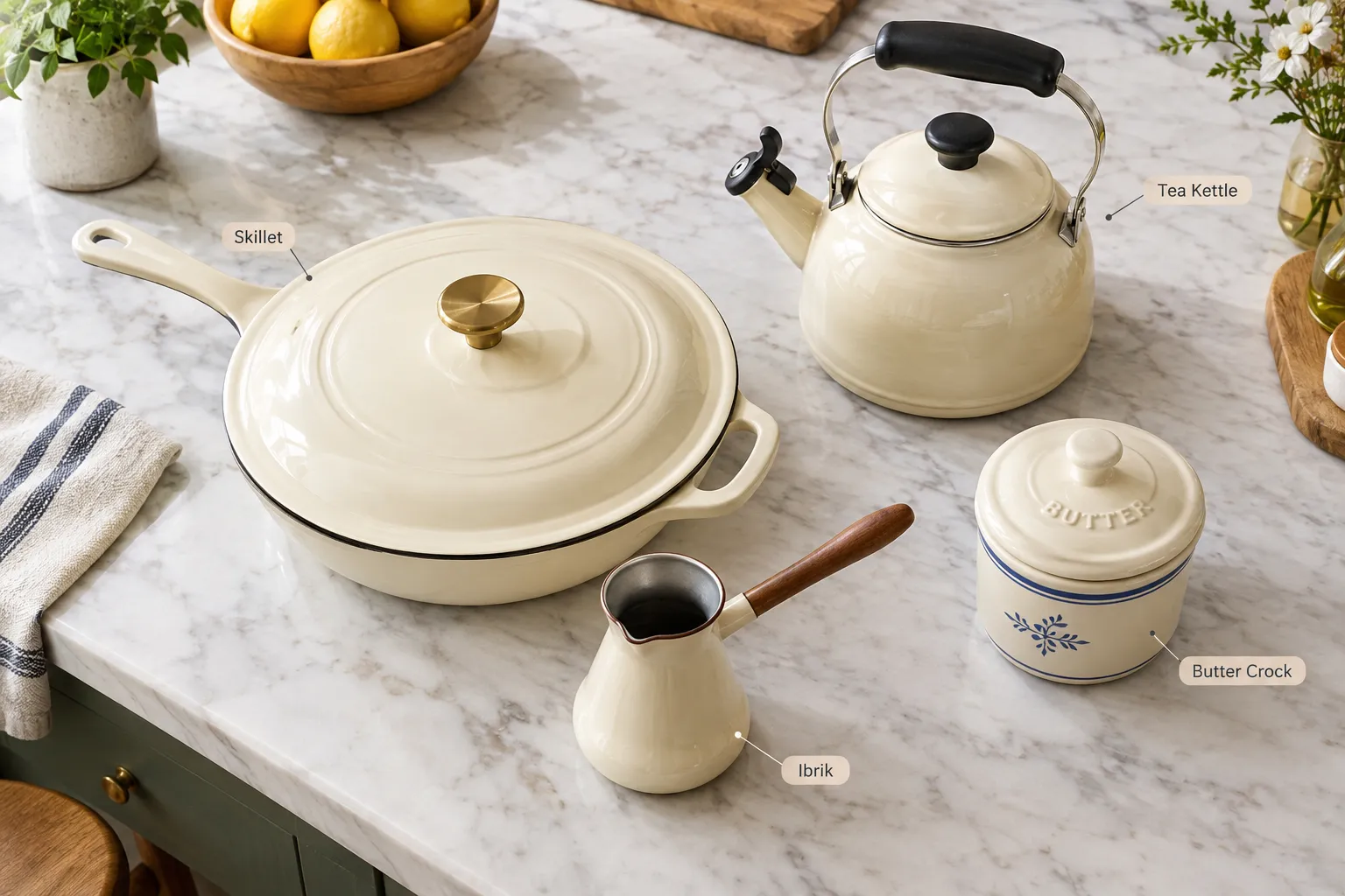 Bright overhead flat lay photograph of a full ceramic cookware set arranged on a marble kitchen island, including a covered skillet, a small ibrik coffee pot, a French butter crock, and a retro style tea kettle, natural window light, soft shadows, magazine product photography style, small unobtrusive labels reading Skillet, Tea Kettle, Butter Crock, and Ibrik placed near each item. Ceramic vs Teflon Cookware: Which Is Better