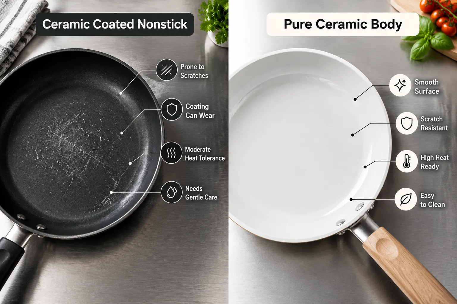Split screen editorial comparison photograph, left side shows a dark Teflon coated nonstick pan with visible scratch marks on a stainless countertop, right side shows a glossy pure ceramic pan with a smooth unblemished glaze, bright studio lighting, high contrast magazine composition, small labels on each half reading Ceramic Coated Nonstick and Pure Ceramic Body, no price text or star ratings. IMPORTANT RENDERING CORRECTION: do NOT render a price table, dollar amounts, plan/tier pricing grid, star-rating row, or a grid of checkmarks — image models cannot render those legibly. Instead present the same comparison as labelled visual panels: 2-4 side-by-side panels, each with a short heading and 3-5 short bullet labels (1-6 words each), supporting icons or illustrated subjects, and clear callout lines. Keep every label sharp and fully inside a 5% safe margin. landscape (1536x1024), editorial magazine quality. Is Ceramic Cookware Safe to Use
