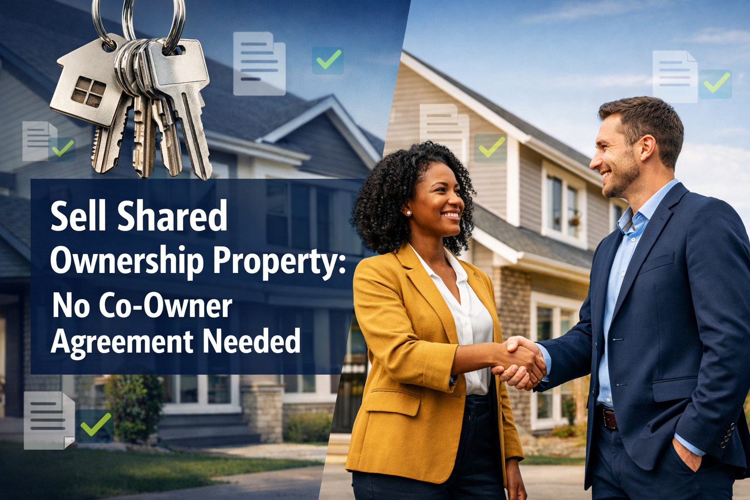 Professional landscape format (1536x1024) hero image featuring bold text overlay 'Sell Shared Ownership Property: No Co-Owner Agreement Need