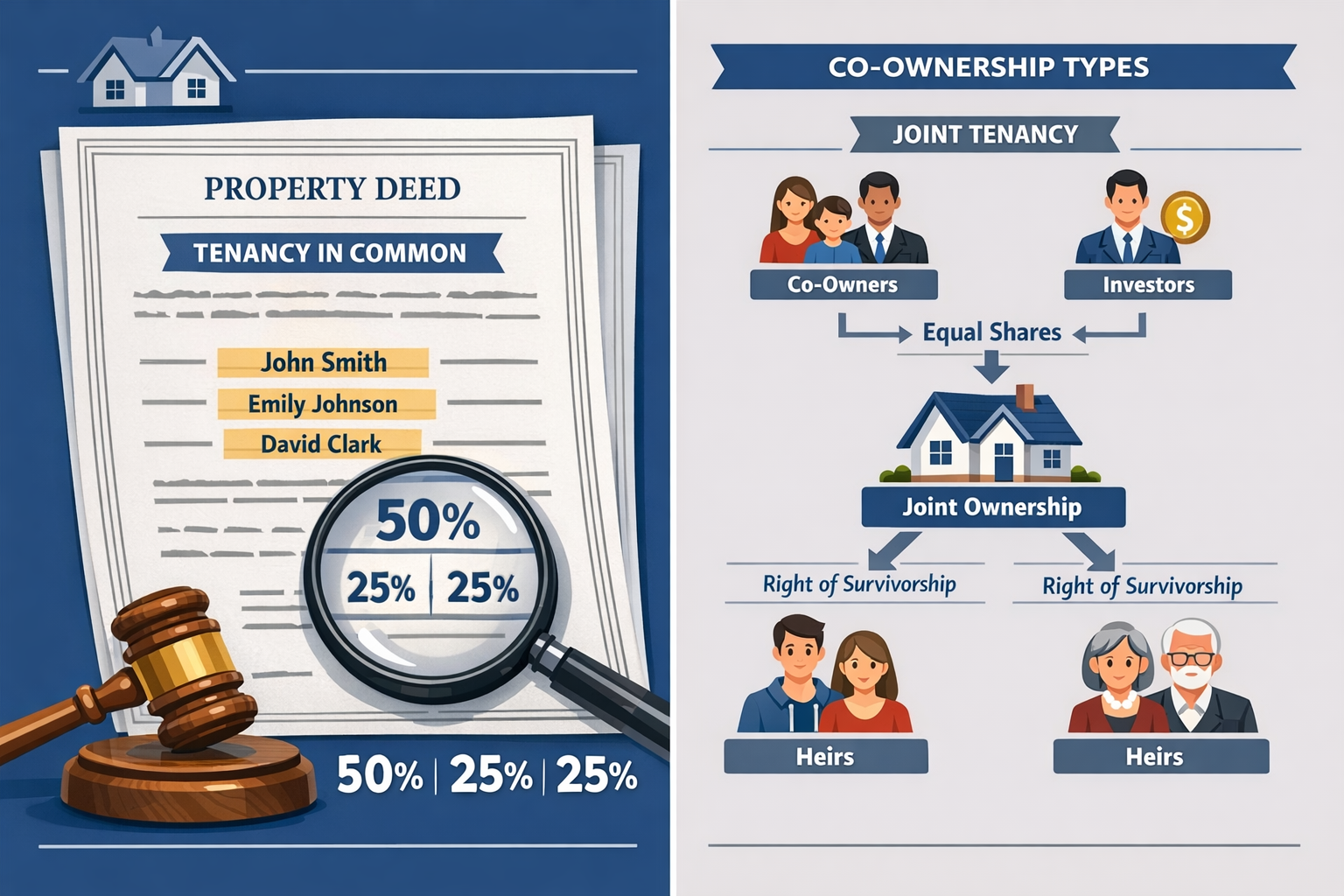 Detailed landscape format (1536x1024) editorial image showing legal concept of tenancy in common versus joint tenancy. Split composition wit