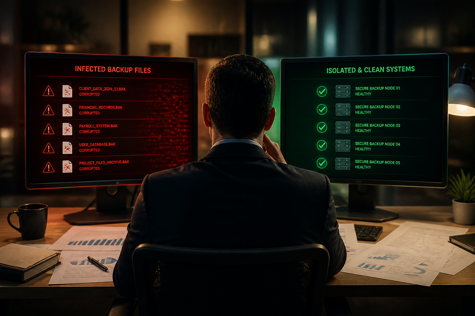 () showing split-screen comparison: left side displays infected backup files with red warning symbols and corrupted data