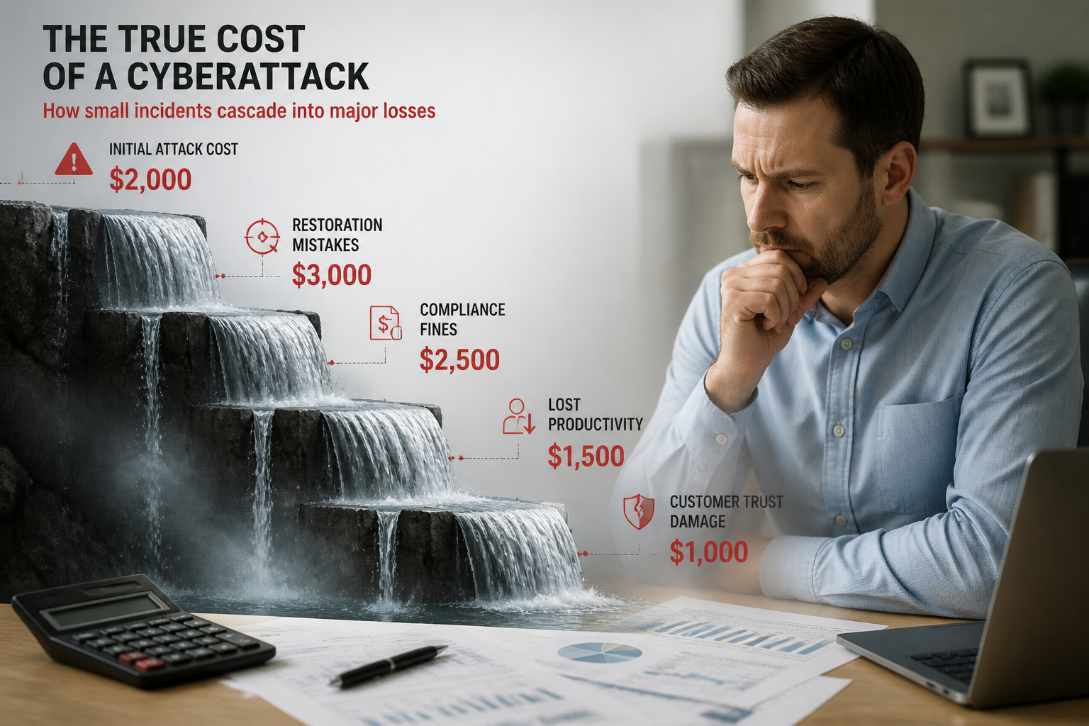 Detailed () infographic showing cascading financial losses after cyberattack: starting with initial $2,000 attack cost,