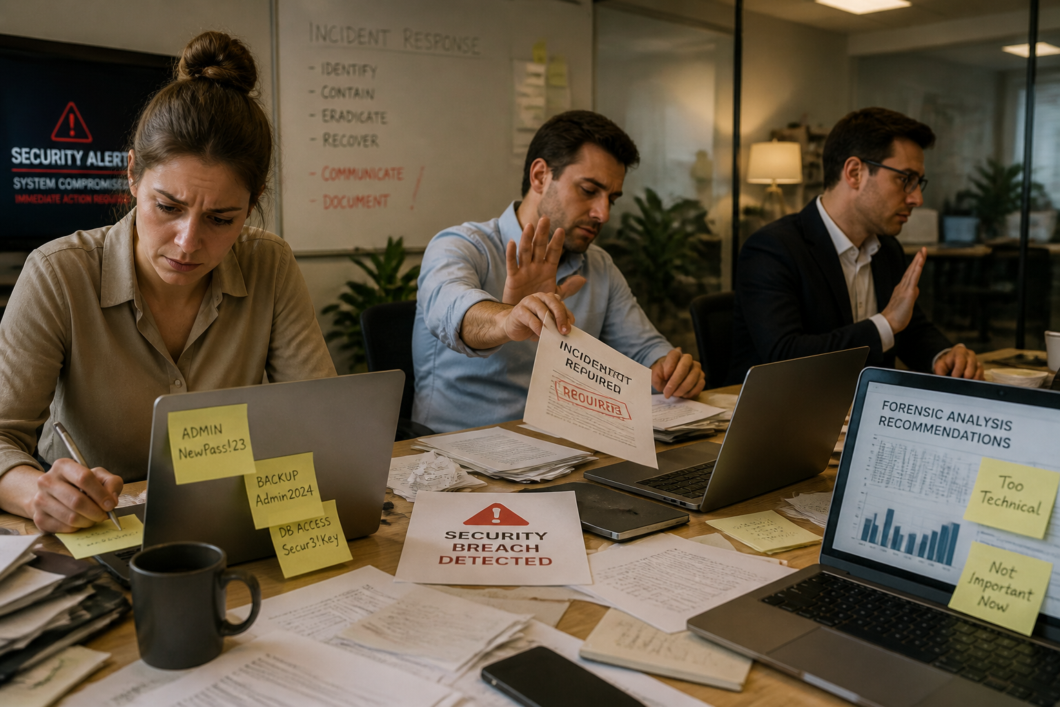 Professional () office scene showing business team making multiple post-cyberattack errors: one person hastily changing