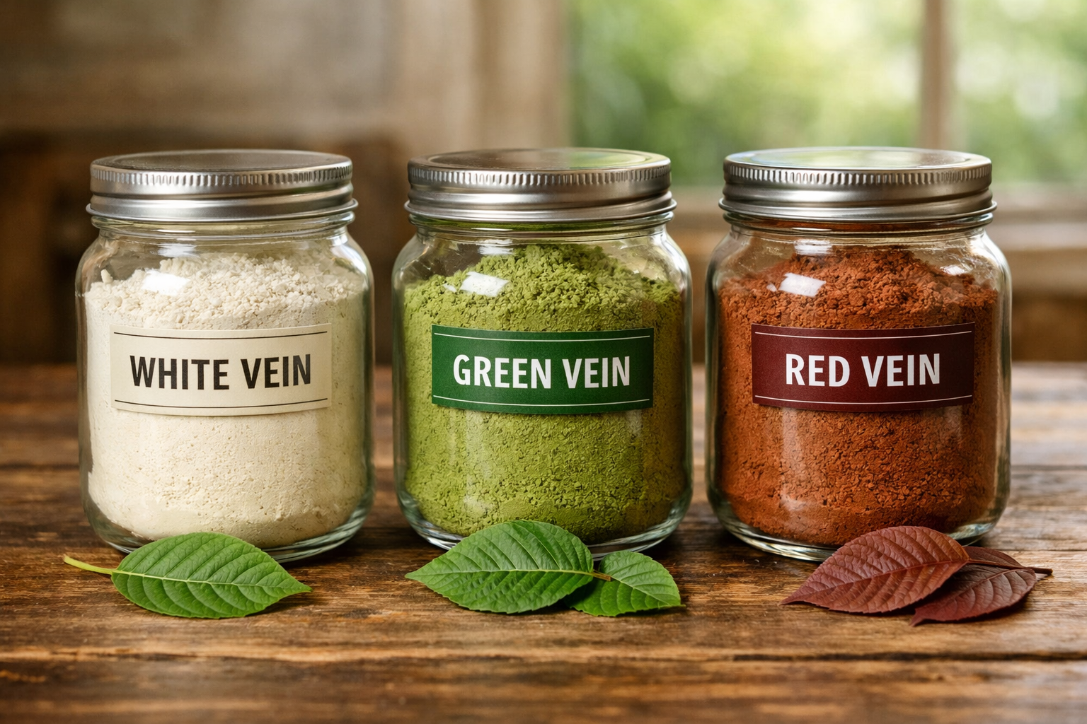 () image showing a side-by-side visual comparison of three kratom strain types arranged in labeled glass jars: white vein