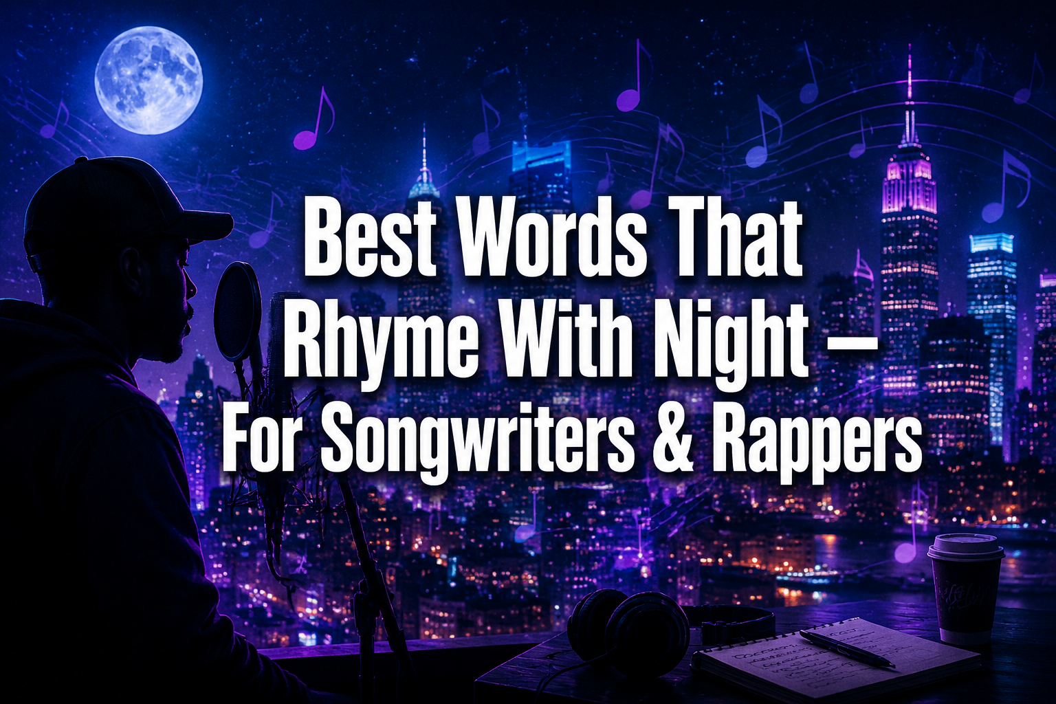 Professional () hero image with : 'Best Words That Rhyme With Night — For Songwriters & Rappers', centered against a