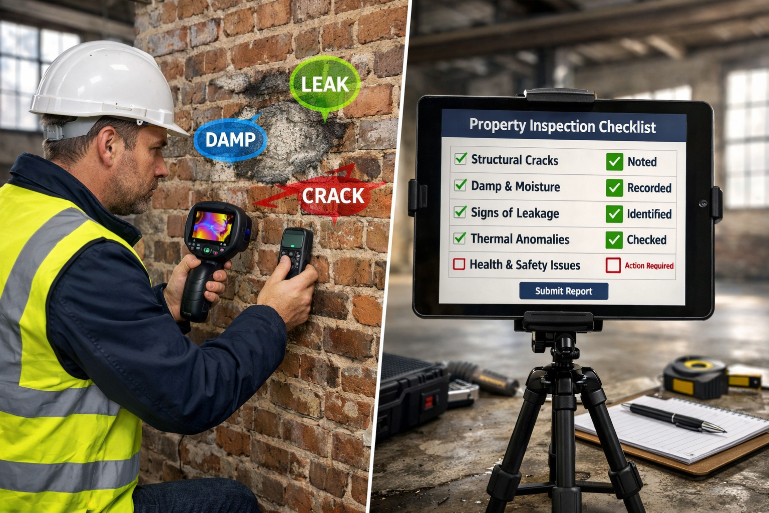 Detailed () image showing professional chartered surveyor conducting structural inspection inside commercial property,