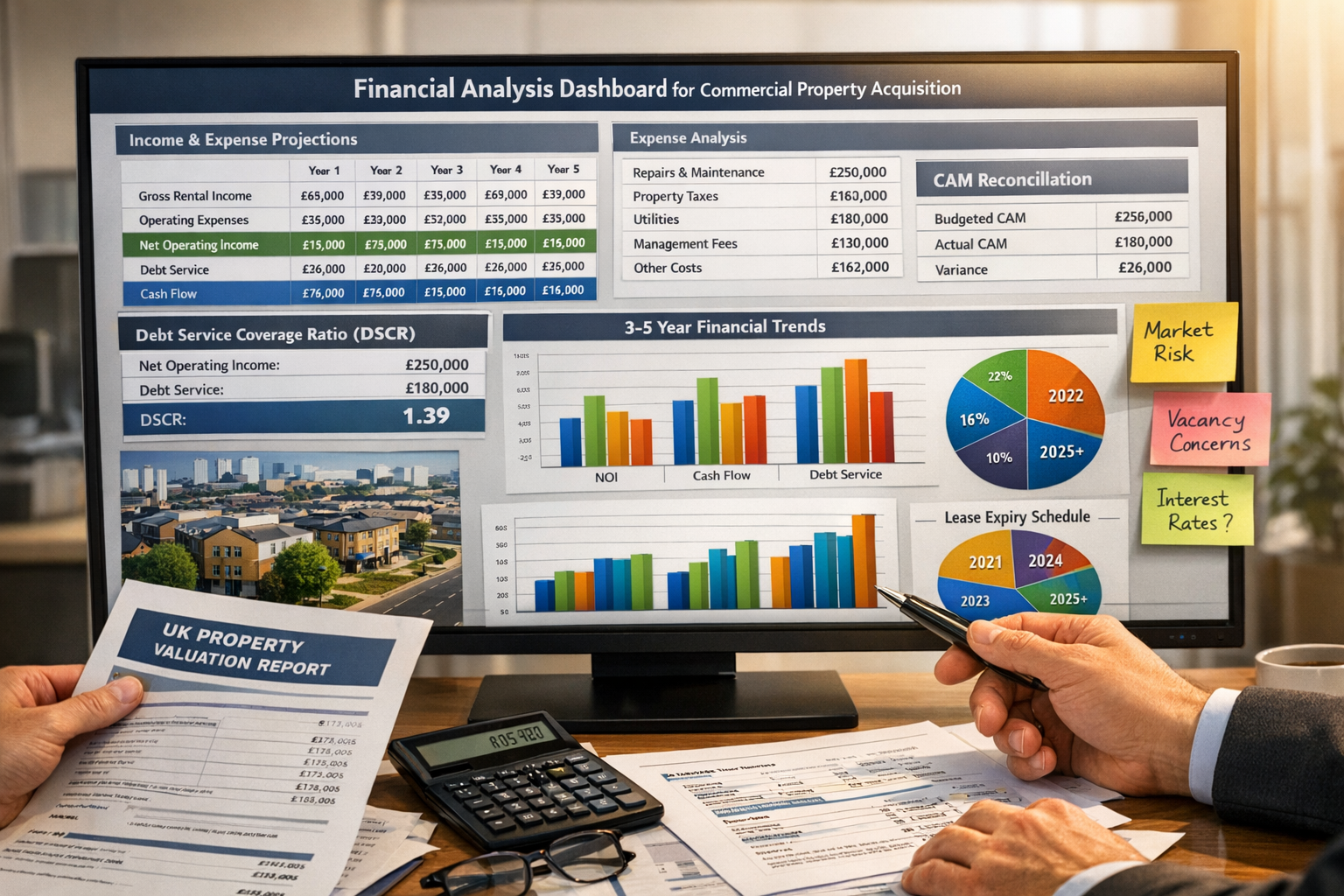 Comprehensive () infographic-style image displaying financial analysis dashboard for commercial property acquisition, large