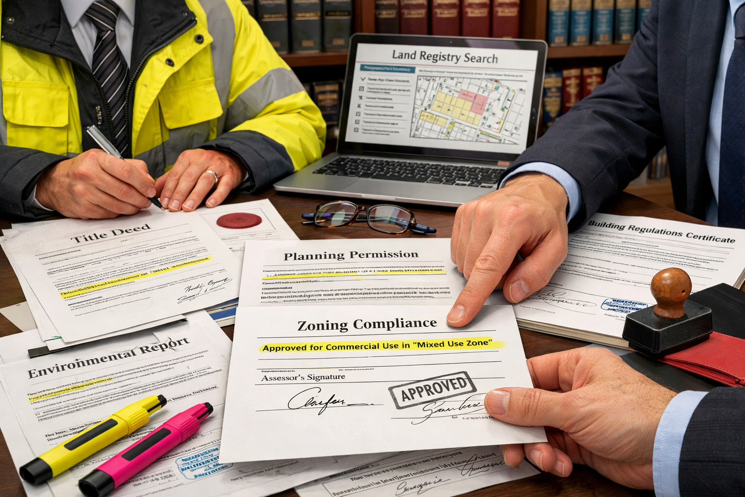 Detailed () image showing legal compliance verification scene with chartered surveyor and solicitor reviewing commercial