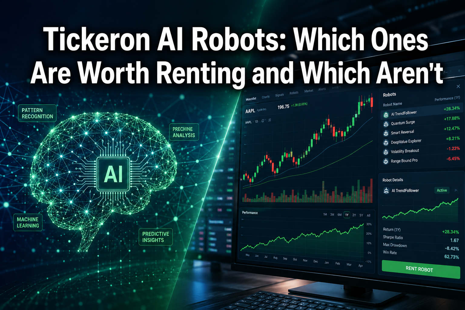 Professional () hero image with white 'Tickeron AI Robots: Which Ones Are Worth Renting and Which Aren't' in with dark ,