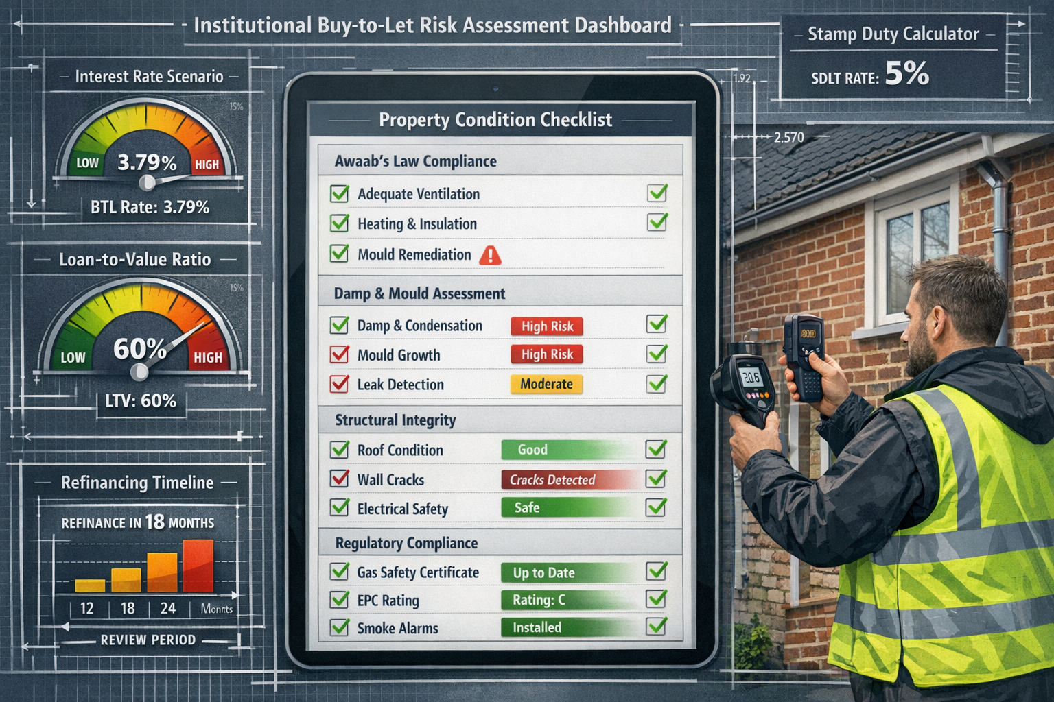 () comprehensive risk assessment dashboard visualization for institutional buy-to-let investors. Central focus shows