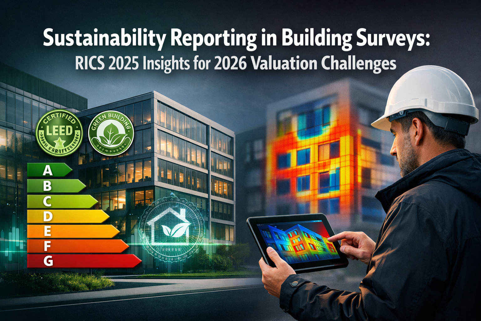 Professional () hero image featuring 'Sustainability Reporting in Building Surveys: RICS 2025 Insights for 2026 Valuation