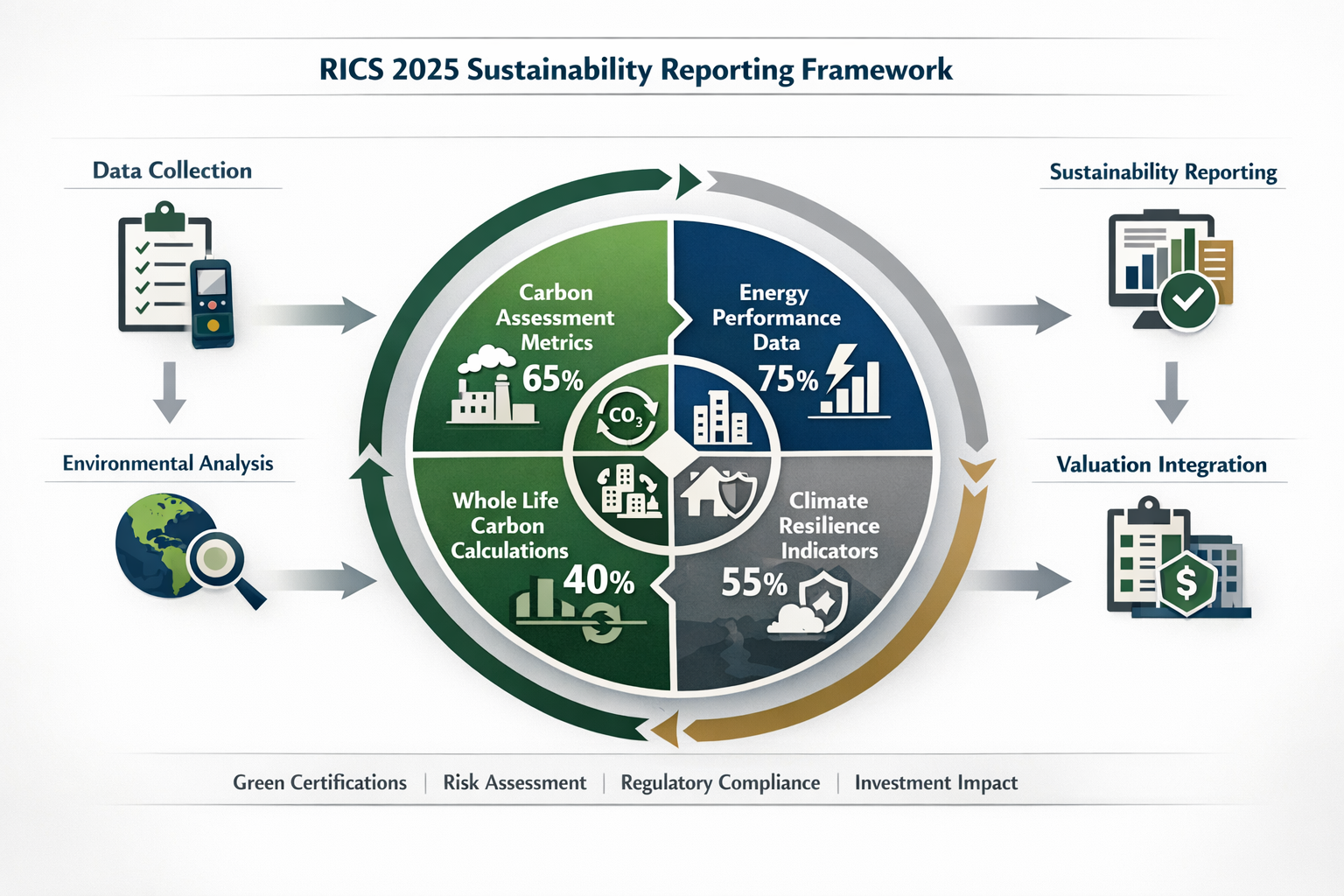 () detailed infographic showing RICS 2025 sustainability reporting framework components with central circular diagram