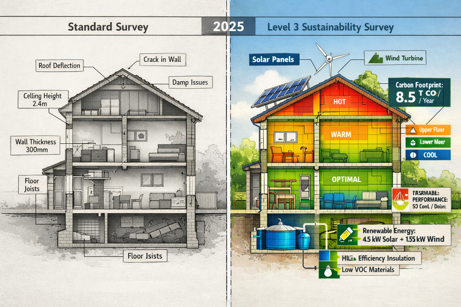 () comparative visual analysis showing two building cross-sections side by side: left building displays traditional survey