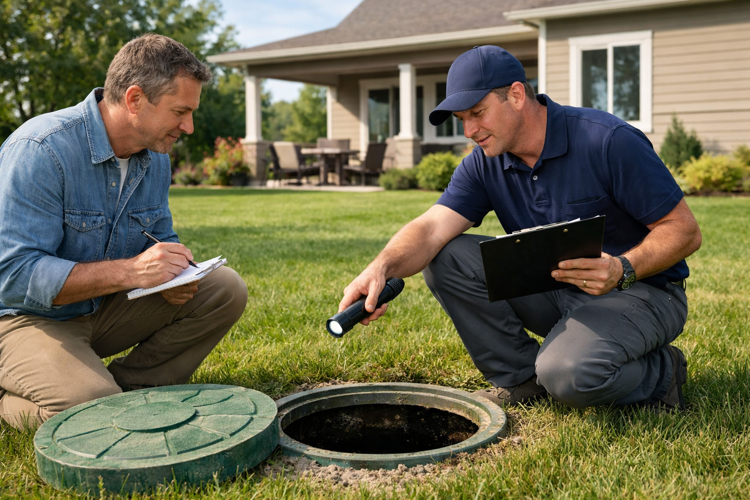 Professional landscape format (1536x1024) editorial hero image showing a homeowner and certified inspector examining a septic tank access po