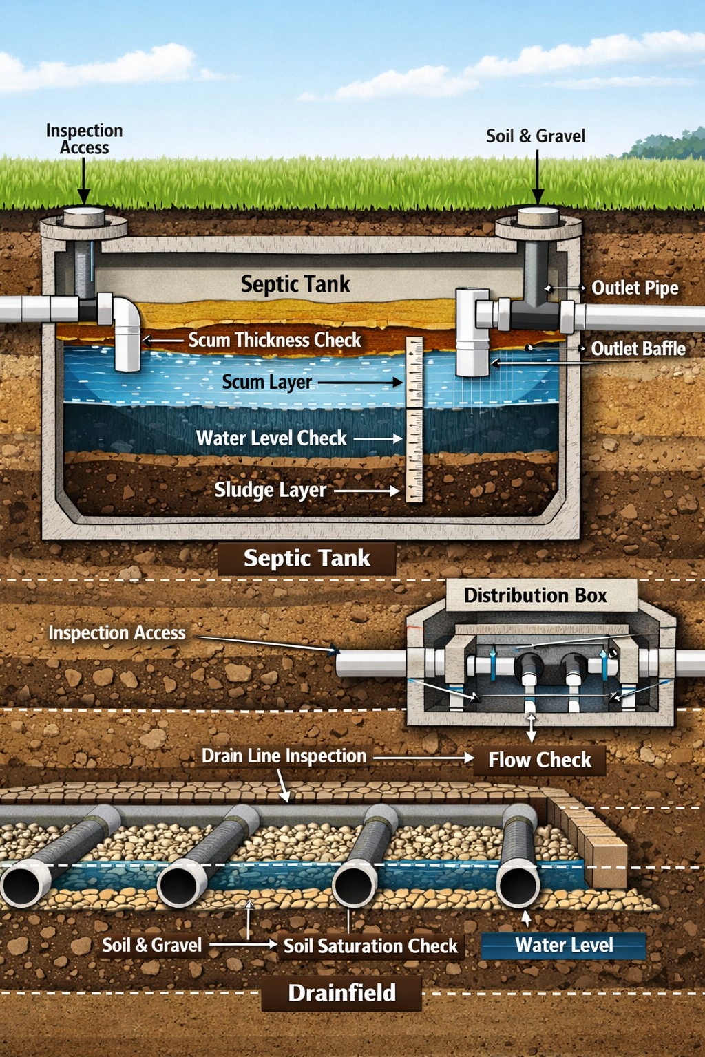 Portrait format (1024x1536) detailed cutaway illustration of a septic system showing the tank, distribution box, and drain field with clear 