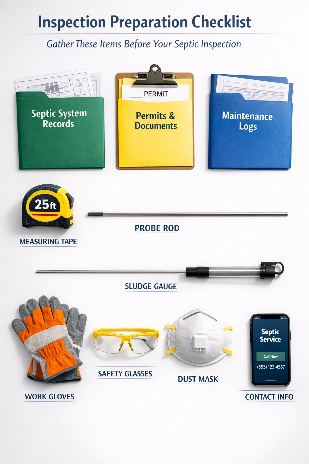 Portrait format (1024x1536) step-by-step visual checklist showing inspection preparation items laid out on a clean surface. Includes septic 