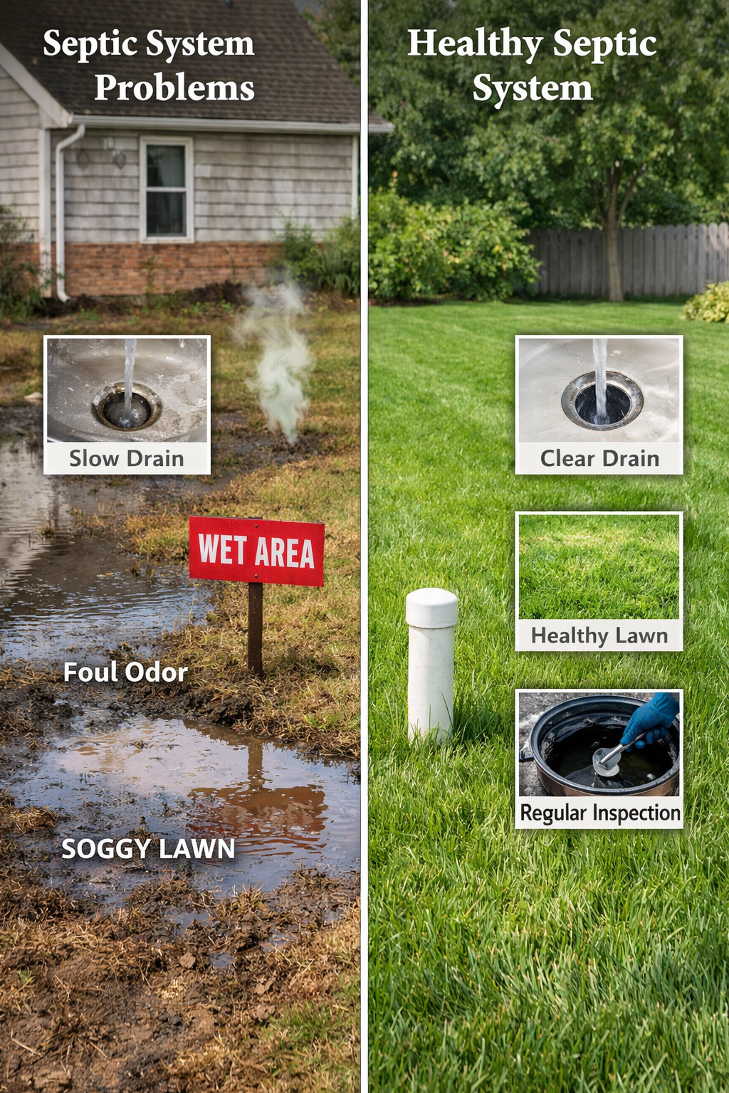 Portrait format (1024x1536) before-and-after comparison showing warning signs of septic system problems versus a properly maintained system.
