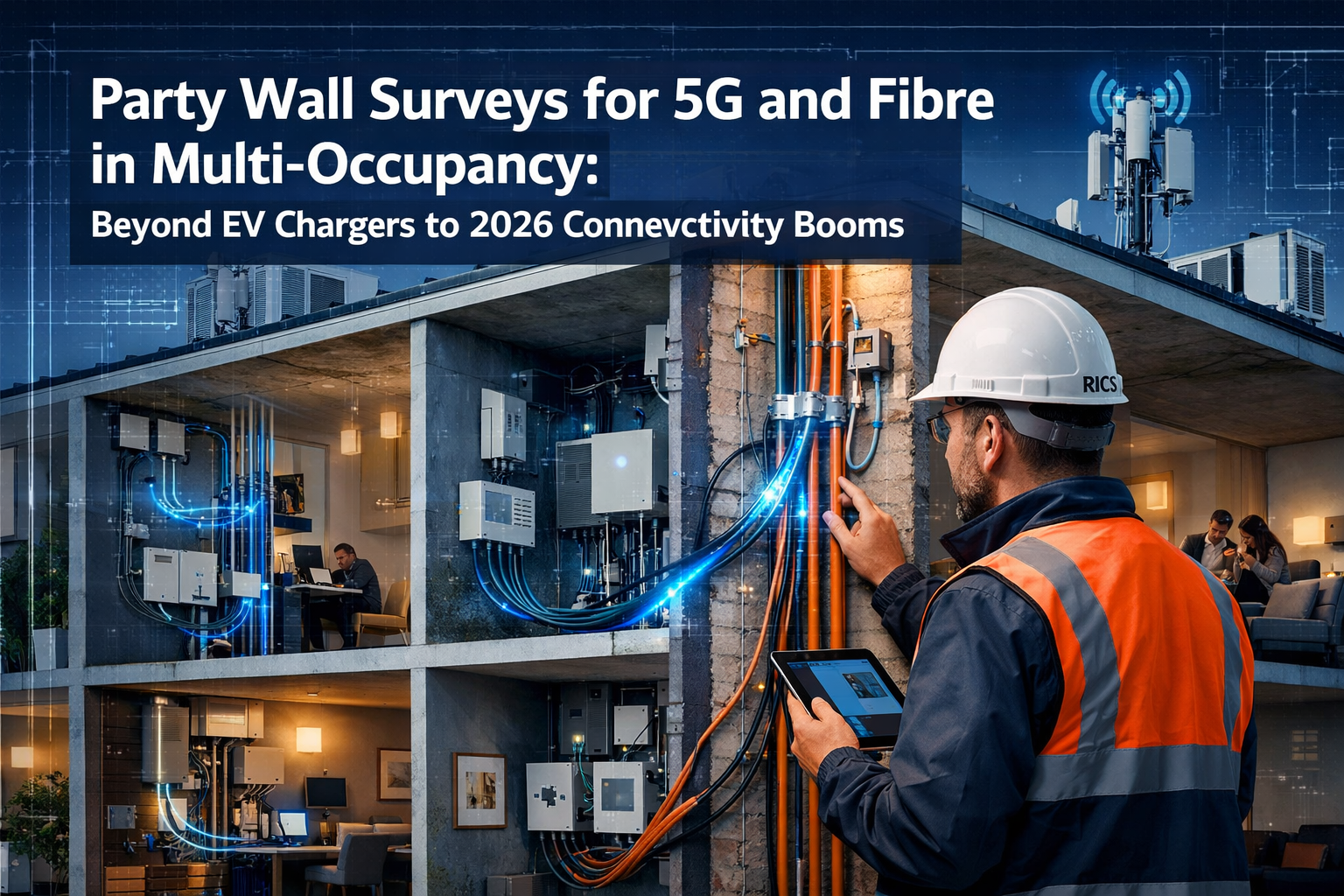 Professional () hero image featuring 'Party Wall Surveys for 5G and Fibre in Multi-Occupancy: Beyond EV Chargers to 2026