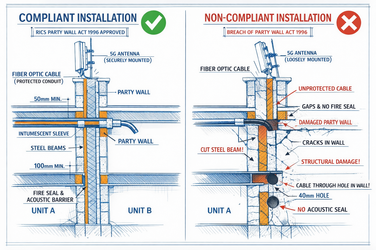 Detailed () image showing close-up technical illustration of party wall cross-section in multi-occupancy building with