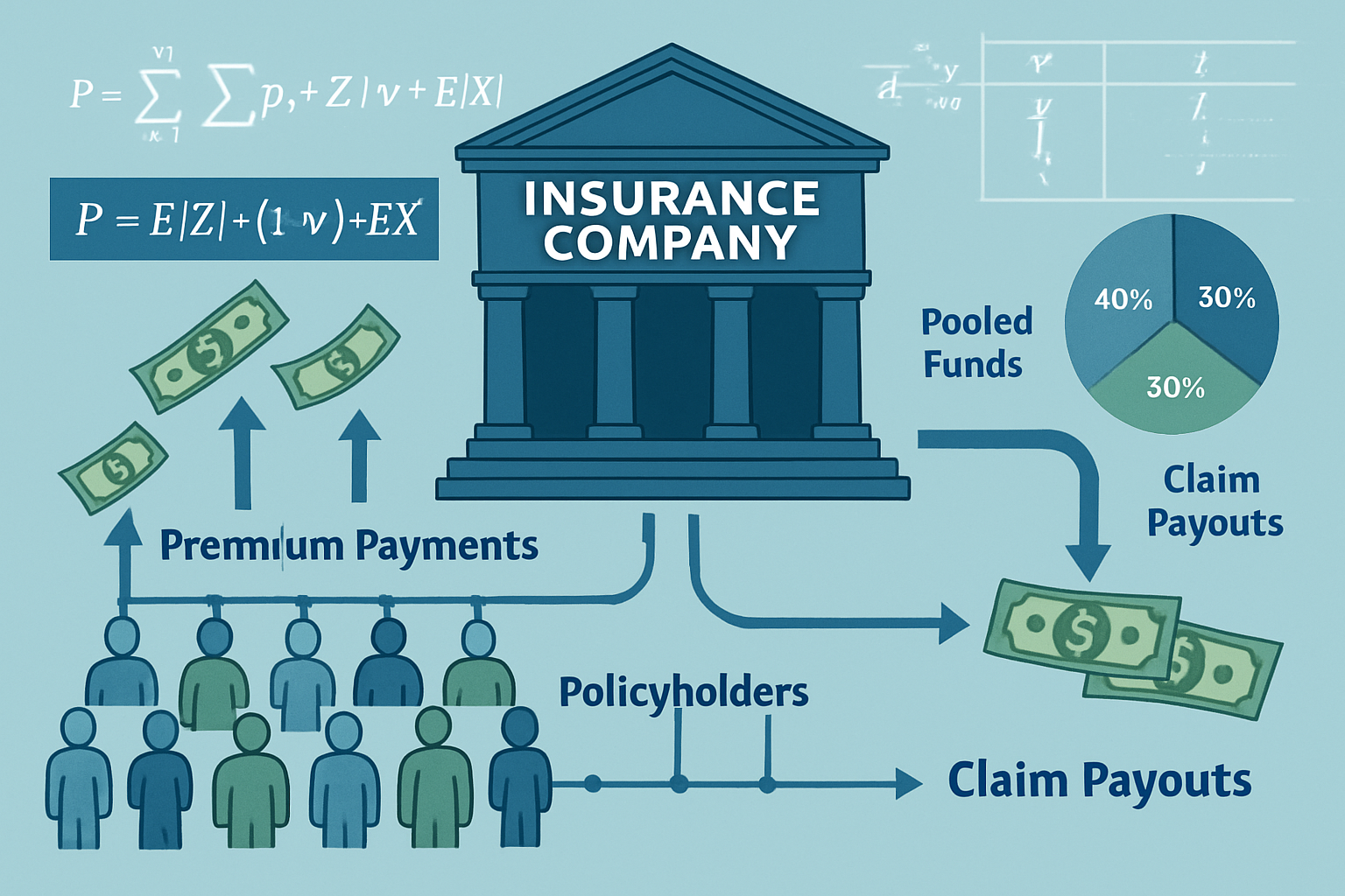 Detailed infographic illustration showing insurance risk-sharing mechanism: large pool of diverse policyholders (illustrated as connected hu