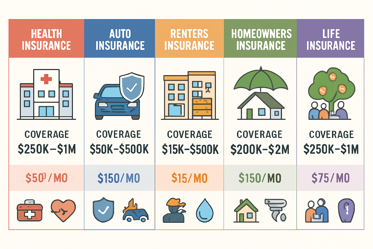 Split-screen comparison visual showing five essential insurance types side by side: health insurance (hospital building with medical cross),