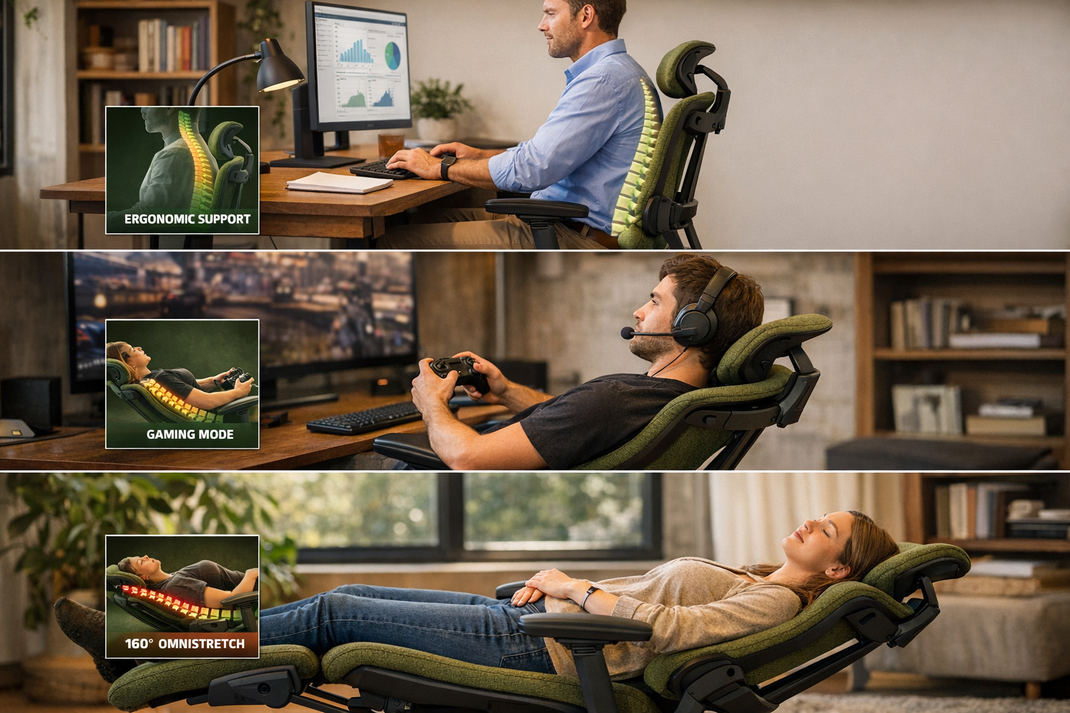 Detailed landscape format (1536x1024) lifestyle photography montage showing three distinct use cases for Libernovo Omni chair: top panel sho