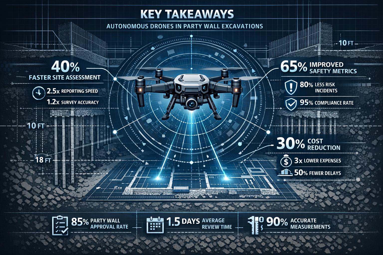 Infographic-style visual for 'Key Takeaways' section depicting autonomous drone technology in party wall excavations.